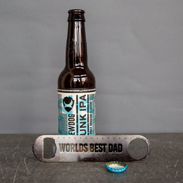 World's Best Dad Bar Blade Bottle Opener - Personalised With Your Message - Steel Rivet Style for Crossfit or Avengers Marvel Superhero Fan