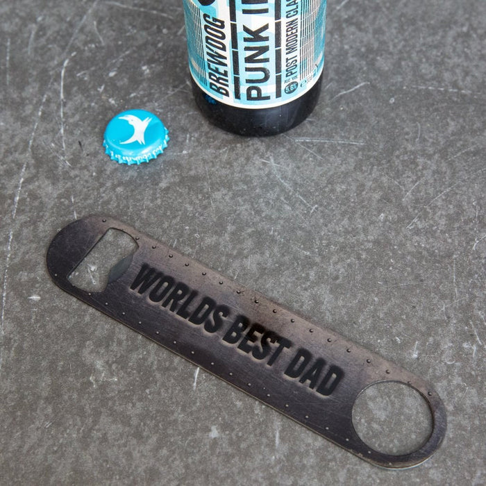 World's Best Dad Bar Blade Bottle Opener - Personalised With Your Message - Steel Rivet Style for Crossfit or Avengers Marvel Superhero Fan