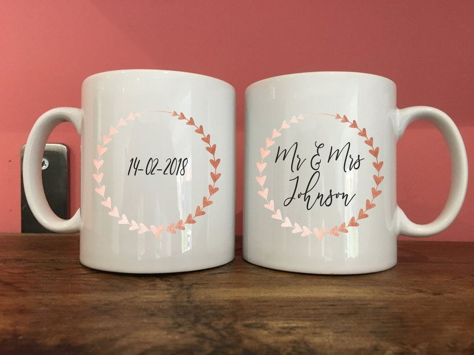 Heart Wreath Pair of Mugs| Personalised Wedding, Anniversary, Mothers Day, Couple Gift | Golden 50th Silver 25th Bronze 8th Copper 7th Rose