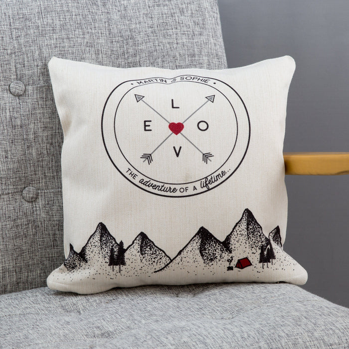 Personalised Love Compass & Mountains Adventure Cushion  New Home, Wedding Anniversary, Leaving Gift for Couple or Gift for Bride and Groom