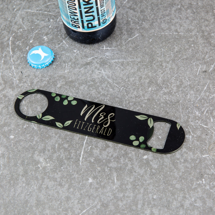 Personalised Botanicals Name & Date Bar Blade  Unique Wedding, Anniversary or Groomsmen Gifts  Mr AND Mrs Gifts  Steel Bottle Opener