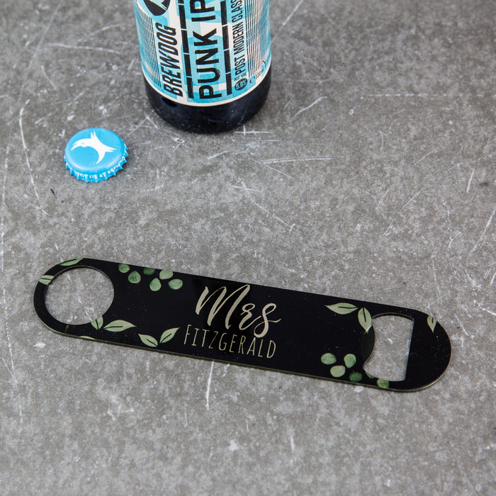 Personalised Botanicals Name & Date Bar Blade  Unique Wedding, Anniversary or Groomsmen Gifts  Mr AND Mrs Gifts  Steel Bottle Opener