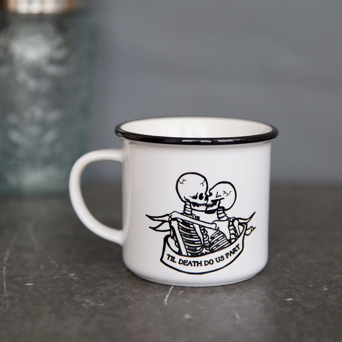 Personalised Wedding Gift - 'Til Death Do Us Part - Day Of The Dead - Sailor Jerry Tattoo Skeleton Design Camping Mug - Dia De Los Muertos