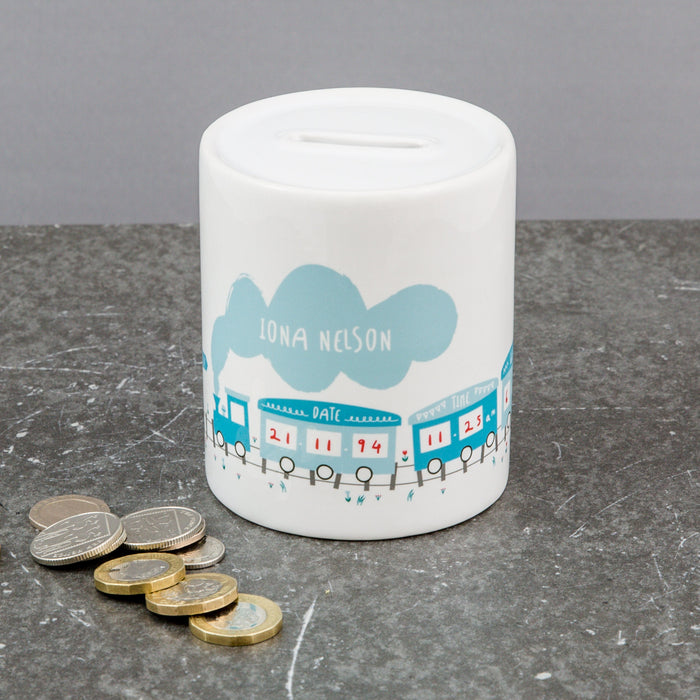 Personalised Train Birth Announcement Money Box - Ceramic Money Box - New Baby, Christening, 1st Birthday Gift - Gifts for Newborn Decor