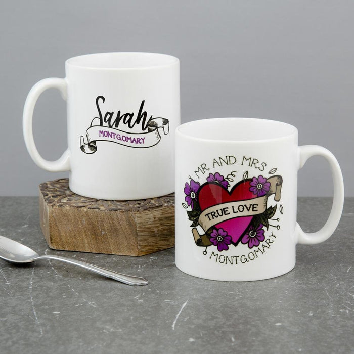 Personalised true love tattoo mug   rockabilly wedding, anniversary new home gift  heart mr and mrs mugs - retro customised ceramic mug