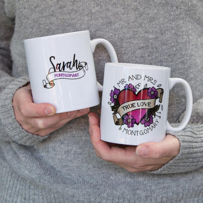 Personalised true love tattoo mug   rockabilly wedding, anniversary new home gift  heart mr and mrs mugs - retro customised ceramic mug