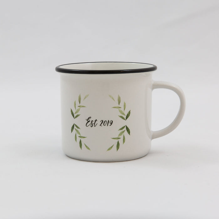 Personalised Laurel Wreath Camping Mugs | Custom Botanical Foliage His and Hers Mug | Anniversary, Wedding Gift, New Home Present