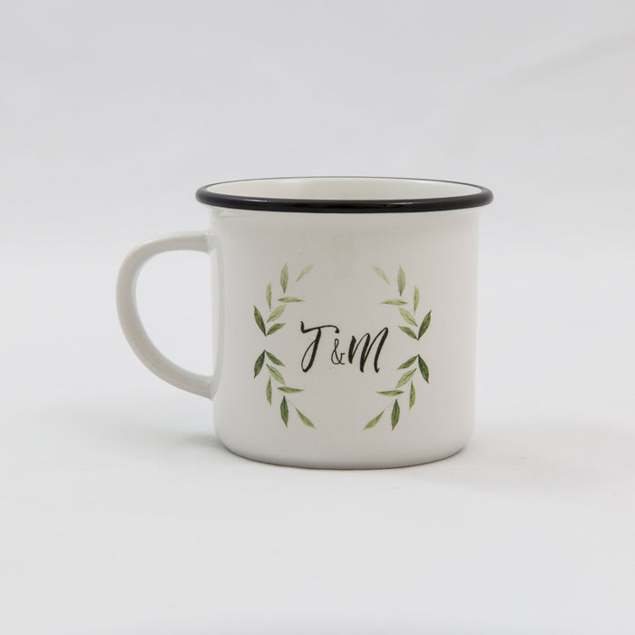 Personalised Laurel Wreath Camping Mugs | Custom Botanical Foliage His and Hers Mug | Anniversary, Wedding Gift, New Home Present