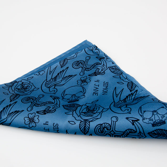 Eternal Elegance: Rose, Swallow, and Skull Tattoo-inspired Pocket Square, Fathers Day, Birthday Gift, Gift for Him, Wedding