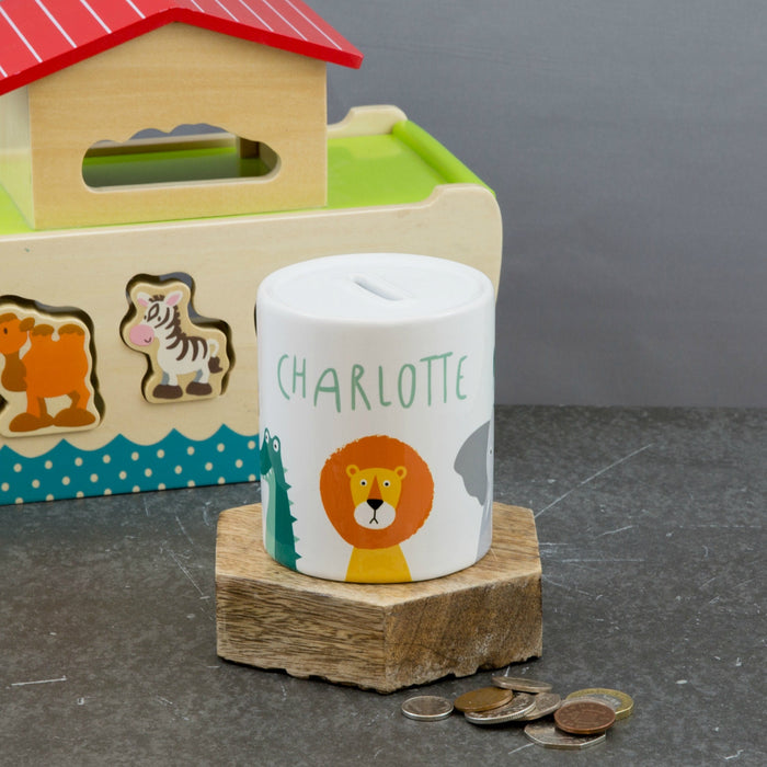 Personalised Jungle Animal Money Box | Cute Lion, Giraffe, Elephant, Crocodile & Frog Piggy Bank | Baby, Toddler, Nursery, Christening Gift