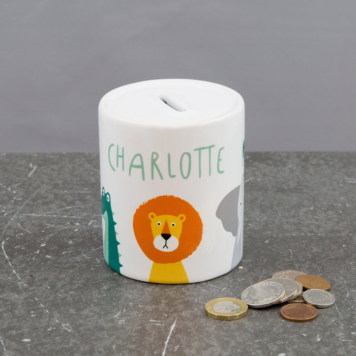 Personalised Jungle Animal Money Box | Cute Lion, Giraffe, Elephant, Crocodile & Frog Piggy Bank | Baby, Toddler, Nursery, Christening Gift