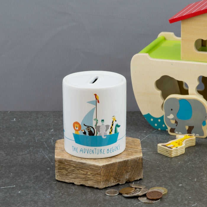 Personalised Noah's Ark Money Box | Safari Jungle Animals & Boat Explorer Theme | Cute Gift for Baby, Toddler, Child, Christening, Baptism