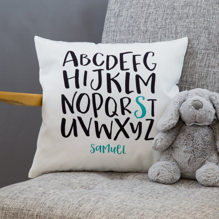 Personalised Scandi Alphabet & Name Nursery Cushion  Playroom or Nursery Decor  New Baby, Unisex Baby Shower, Birthday or Christening Gift