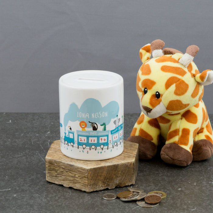 Personalised Jungle Animals & Train Birth Announcement Ceramic Money Box - Monkey, Lion, Giraffe, Elephant New Baby, 1st Birthday Gift