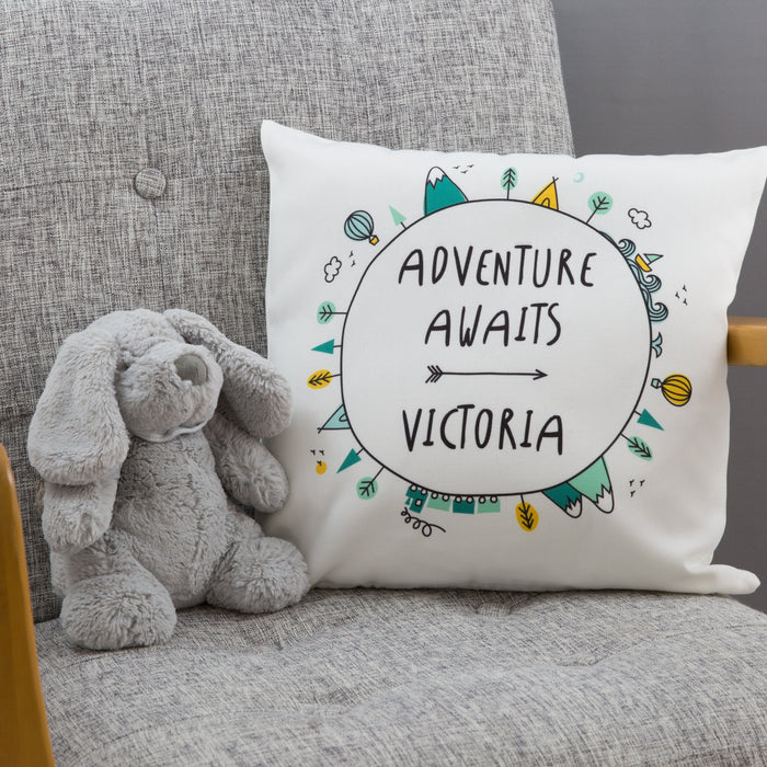 Adventure Theme Name Art Scandi Nursery Cushion  Hot Air Balloon, Train, Teepee & Mountain Print  New Baby, Birthday or Christening Gift