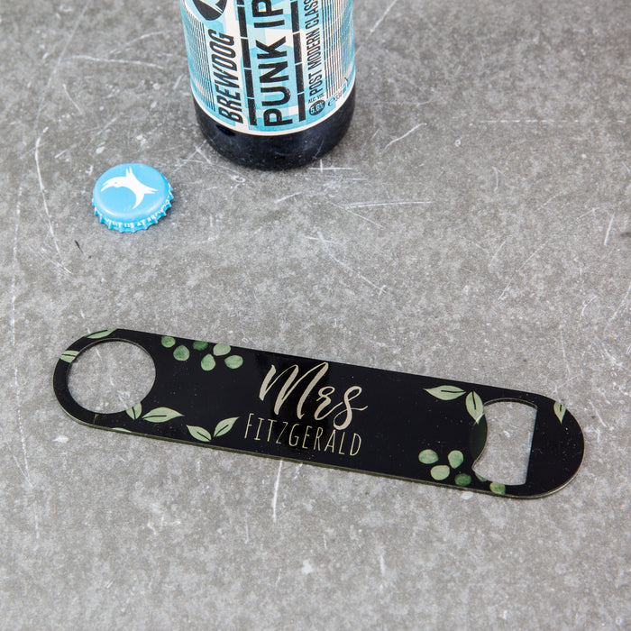 Personalised Botanicals Name & Date Bar Blade  Unique Wedding, Anniversary or Groomsmen Gifts  Mr AND Mrs Gifts  Steel Bottle Opener