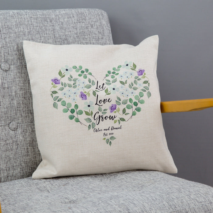 Personalised Heart Cushion | Botanical Flowers Print | Birthday Gift | Wedding Keepsake, 2nd, 4th Anniversary, New Home, Gift for Couple