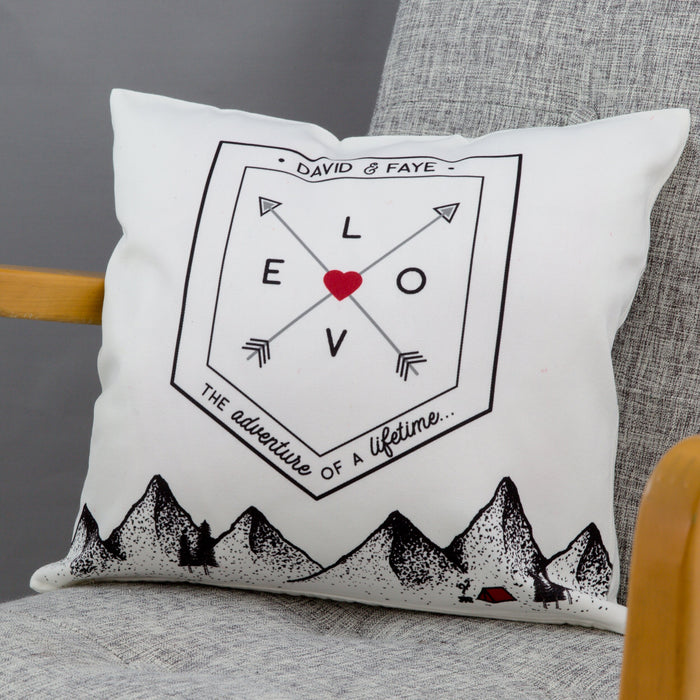 Custom Cushion | Love Flag Adventure Mountains Motif | Gift for Couple, Couple Monogram, Engagement, New Home, Leaving, Wedding Anniversary