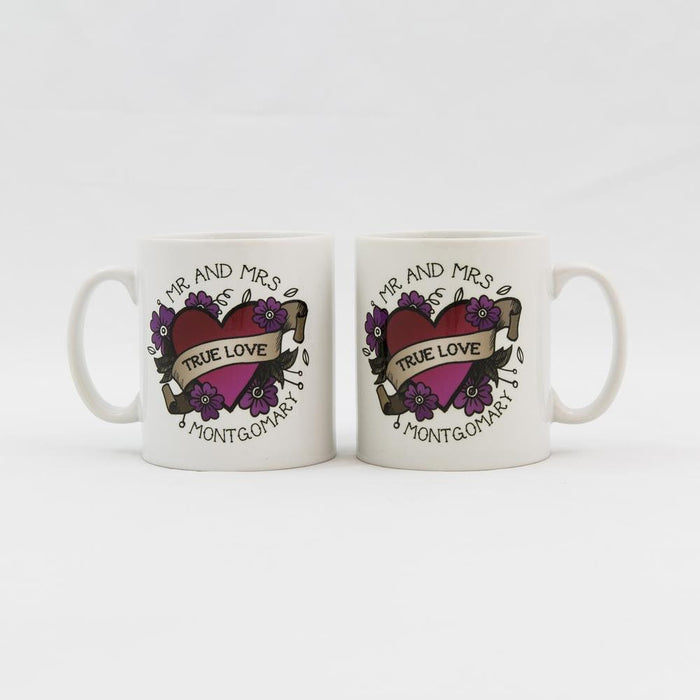 Personalised true love tattoo mug   rockabilly wedding, anniversary new home gift  heart mr and mrs mugs - retro customised ceramic mug