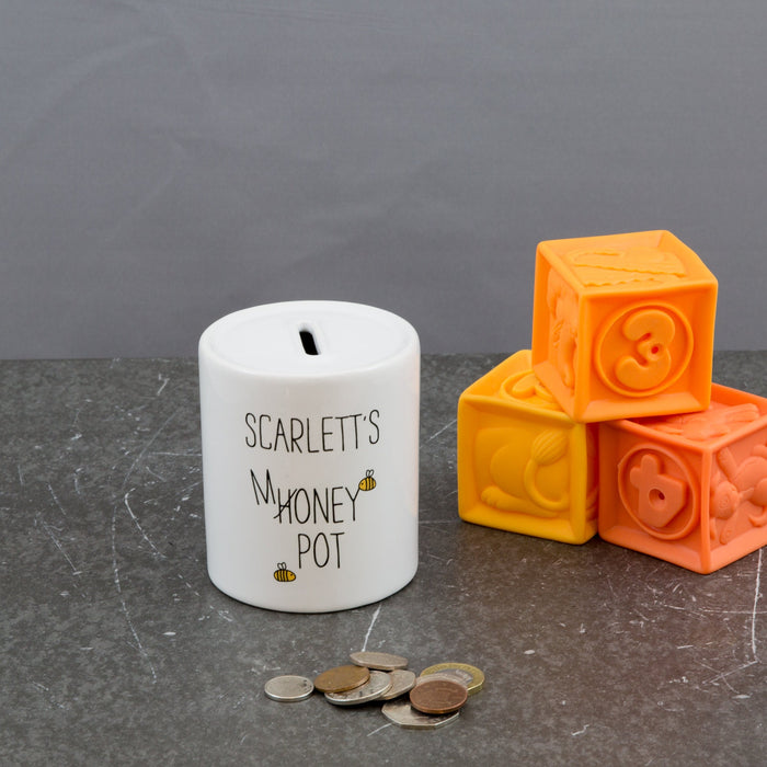 Personalised Bear Cub & Bee Honey Pot Ceramic Money Box  Birthday Gift for Boy, Girl, Child  Baptism Gifts for Children  Woodland Nursery