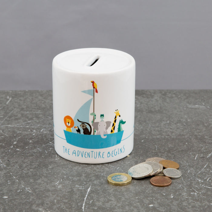 Personalised Noah's Ark Money Box | Safari Jungle Animals & Boat Explorer Theme | Cute Gift for Baby, Toddler, Child, Christening, Baptism