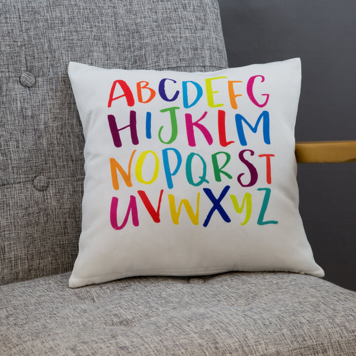 Rainbow Alphabet Print Reading Corner Cushion  Playroom or Nursery Decor  New Baby, Unisex Baby Shower, 1st Birthday or Christening Gift