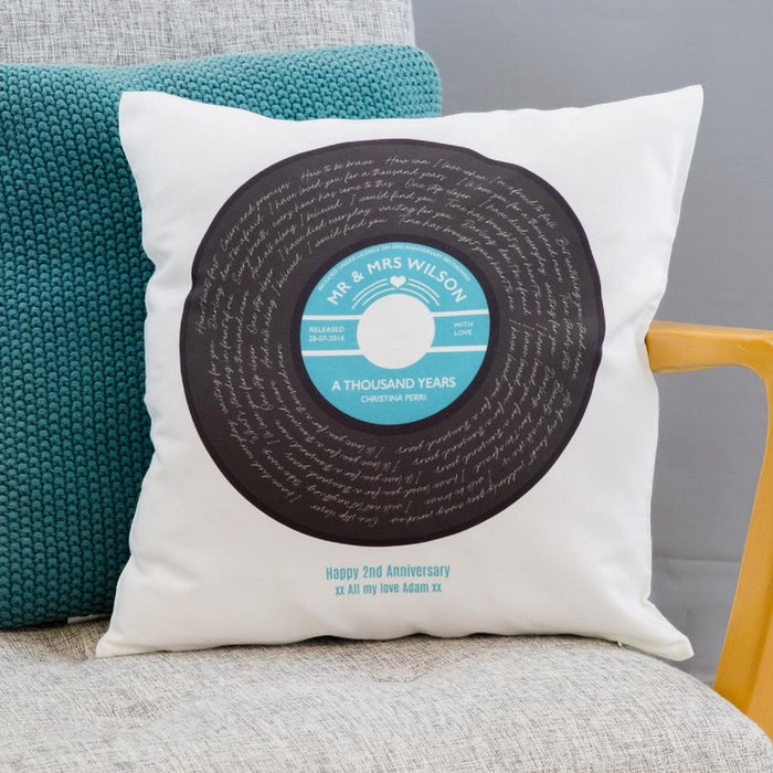 Any Song Lyrics 2nd Anniversary Gift - Vinyl Record Art With Personalised Label - Cotton Feel Cushion Print Ideal Gift for Birthday, Gift