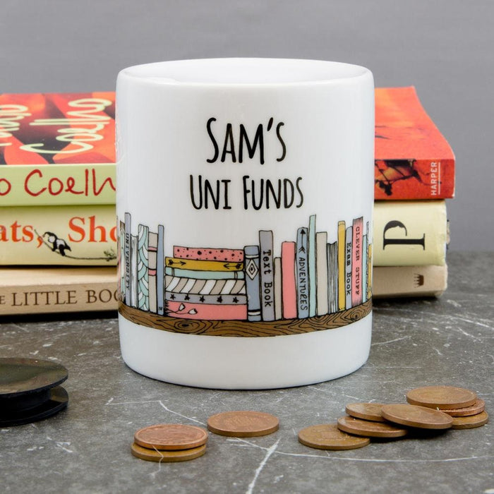 Personalised University Funds Money Box - Literature Books Themed Uni Fund Savings Jar - Student Or Teenage Gift