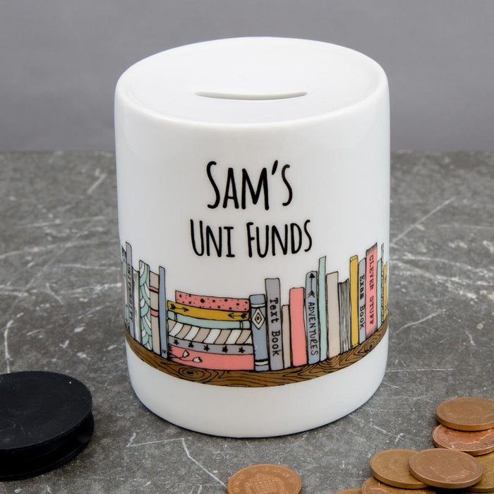 Personalised University Funds Money Box - Literature Books Themed Uni Fund Savings Jar - Student Or Teenage Gift