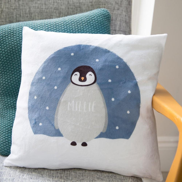 Fluffy penguin cushion - cute personalised pillow for nursery - new baby nursing chair gift, christmas eve box, christmas keepsake