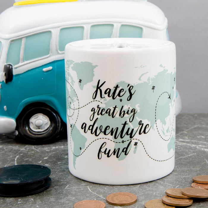 Personalized Travel Piggy Bank Box - Adventure Awaits, Fund Builder For Wanderlust Traveller Nomad Explorer, Money Box Saver