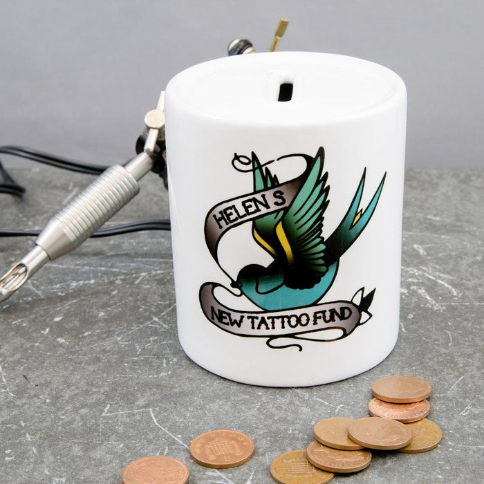 Personalised Tattoo Lovers Gift - Tattoo Fund Money Box - Ideal Stocking Filler Or Funny Mothers Fathers Gift Swallow Design