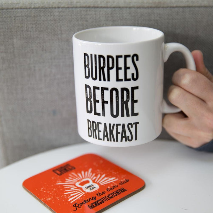 Crossfitter gift - Burpees before breakfast fun mug coaster set - crossfit fitness metcon Fathers Day Gift