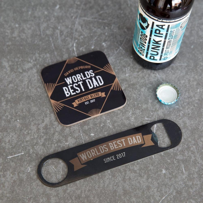 Custom Father's Day Bottle Opener Coaster Set for Dad Grandad Art Deco