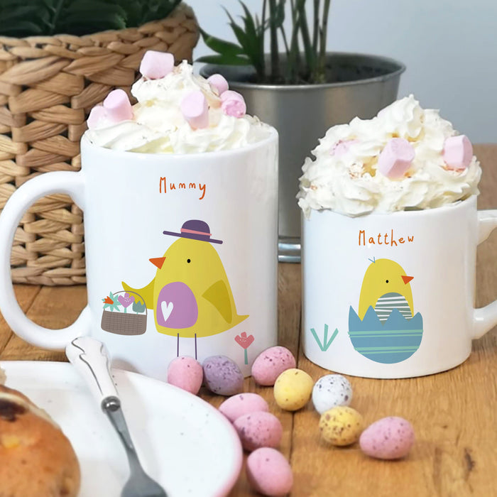 Personalised Chick Family Mug Gift Set - Easter Bunting Toddler Adult Twinning mugs, Home Gift, Decor, Mugs, Coaster Set, Gift