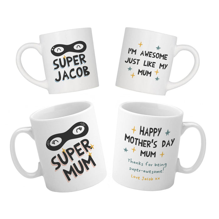 Superhero Family Mug Set - Personalised Toddler Kids Gift for Mother's Day or Birthdays - Mini Me Gift - Twinning Mum Mummy Mamma Mom