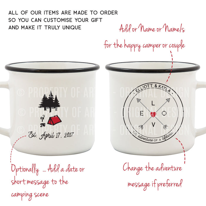 Personalised Adventure of a Lifetime Compass Camping Mug | Loving Wedding Anniversary Travel Gift | Wanderlust retro ceramic camp mugs gift