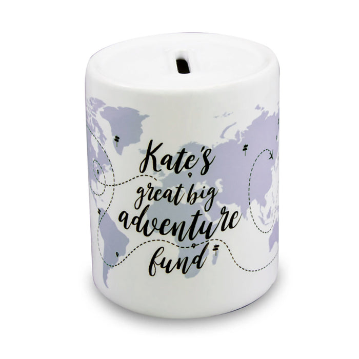 Personalized Travel Piggy Bank Box - Adventure Awaits, Fund Builder For Wanderlust Traveller Nomad Explorer, Money Box Saver