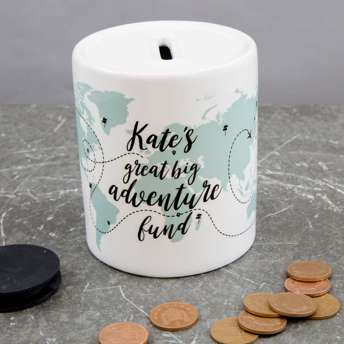 Personalized Travel Piggy Bank Box - Adventure Awaits, Fund Builder For Wanderlust Traveller Nomad Explorer, Money Box Saver