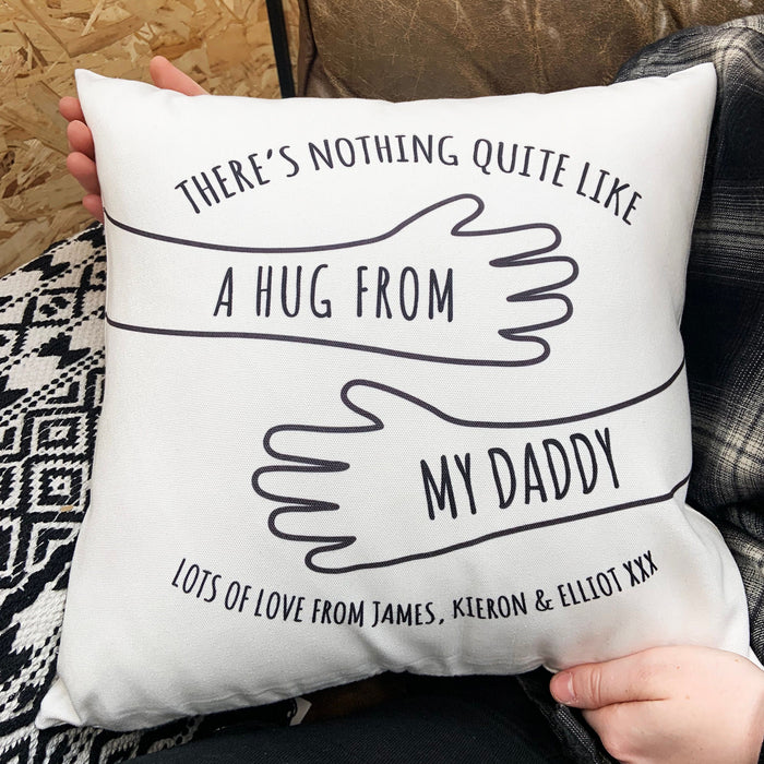 Personalised Dad Hugs Cushion | Custom Father's Day Present | Add Your Own Message | Pillow for Dad, Daddy, Stepdad, Granddad, Grandpa, Papa