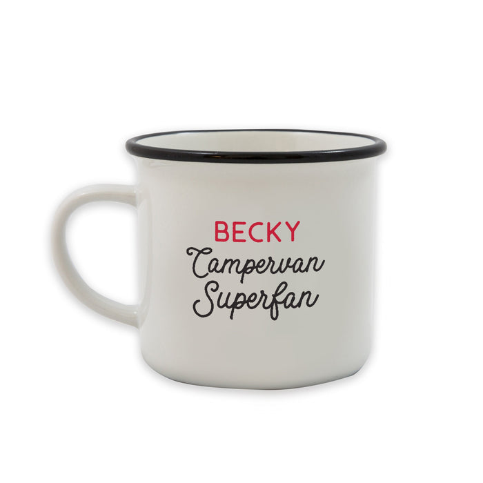 Campervan Superfan Personalised Camping Mug Set | VW Camping Van Coffee Cup | Add Your Name | Vintage Retro Caravan Camper | Ceramic Enamel