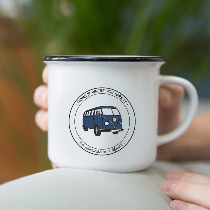 Campervan Superfan Personalised Camping Mug Set | VW Camping Van Coffee Cup | Add Your Name | Vintage Retro Caravan Camper | Ceramic Enamel