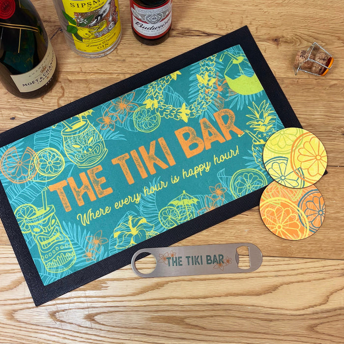 Personalised Tiki Bar Home Pub Set | Customised Mat Runner Coasters Bottle Opener | Beach Hut Exotic Cocktail Tropical Hawaiian Garden Shack