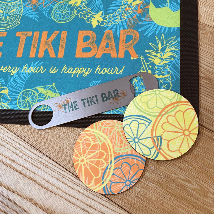 Personalised Tiki Bar Home Pub Set | Customised Mat Runner Coasters Bottle Opener | Beach Hut Exotic Cocktail Tropical Hawaiian Garden Shack