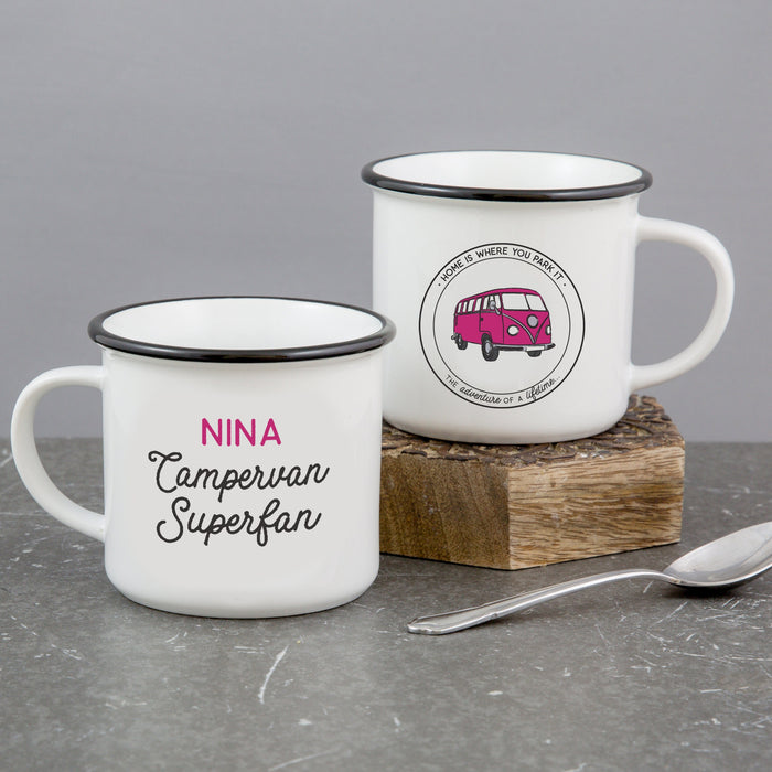 Campervan Superfan Personalised Camping Mug Set | VW Camping Van Coffee Cup | Add Your Name | Vintage Retro Caravan Camper | Ceramic Enamel