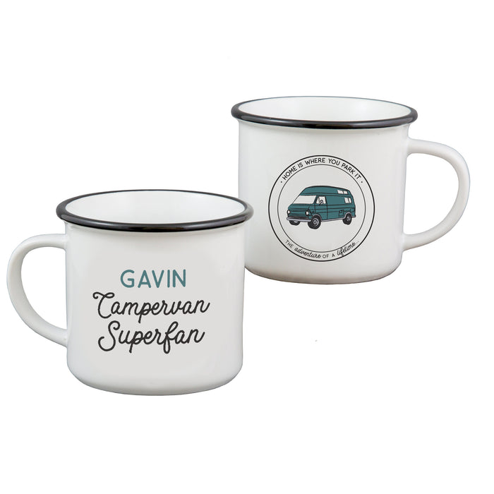 Campervan Superfan Personalised Camping Mug Set | VW Camping Van Coffee Cup | Add Your Name | Vintage Retro Caravan Camper | Ceramic Enamel