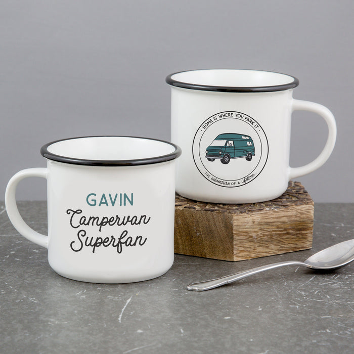 Campervan Superfan Personalised Camping Mug Set | VW Camping Van Coffee Cup | Add Your Name | Vintage Retro Caravan Camper | Ceramic Enamel