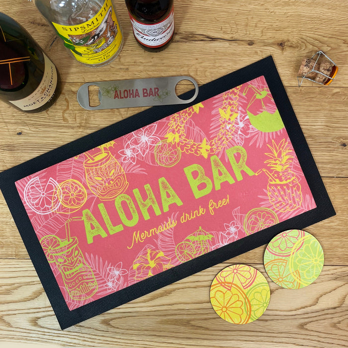 Personalised Tiki Bar Home Pub Set | Customised Mat Runner Coasters Bottle Opener | Beach Hut Exotic Cocktail Tropical Hawaiian Garden Shack