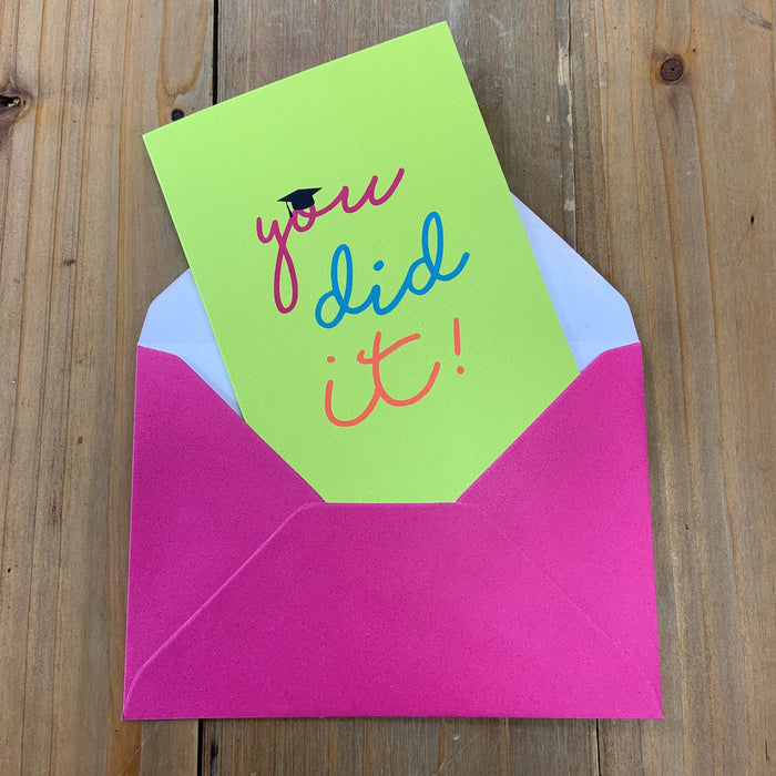 You Did It! Graduation Celebration Card & Pin Badge | University Degree Congratulations Greetings Card UK Design | Grad Masters Batchelor