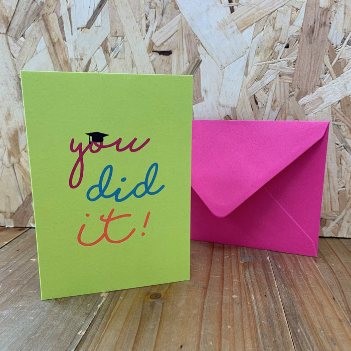 You Did It! Graduation Celebration Card & Pin Badge | University Degree Congratulations Greetings Card UK Design | Grad Masters Batchelor